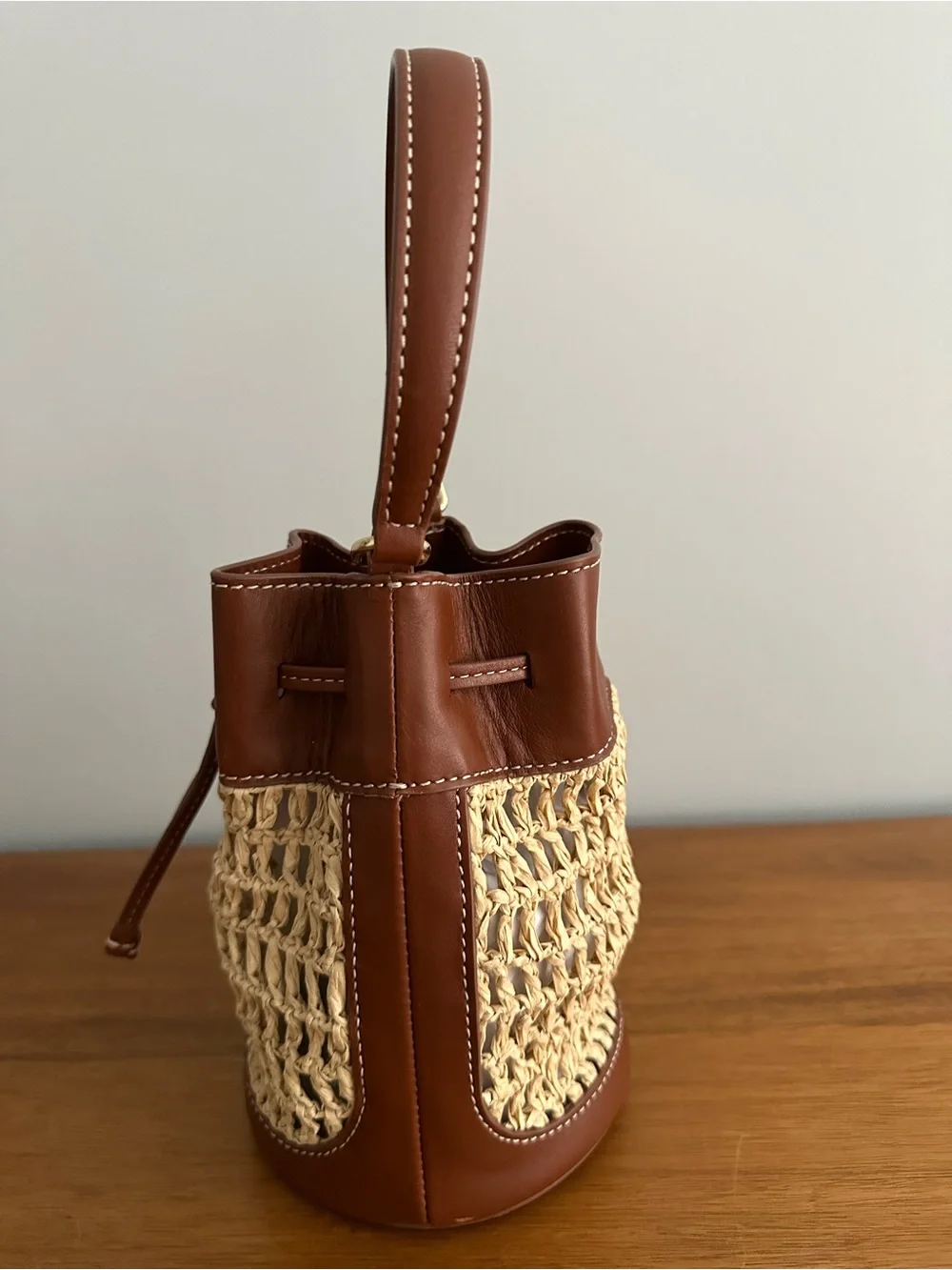 NWT J. Crew Drawstring Bag in English Saddle Leather and Straw